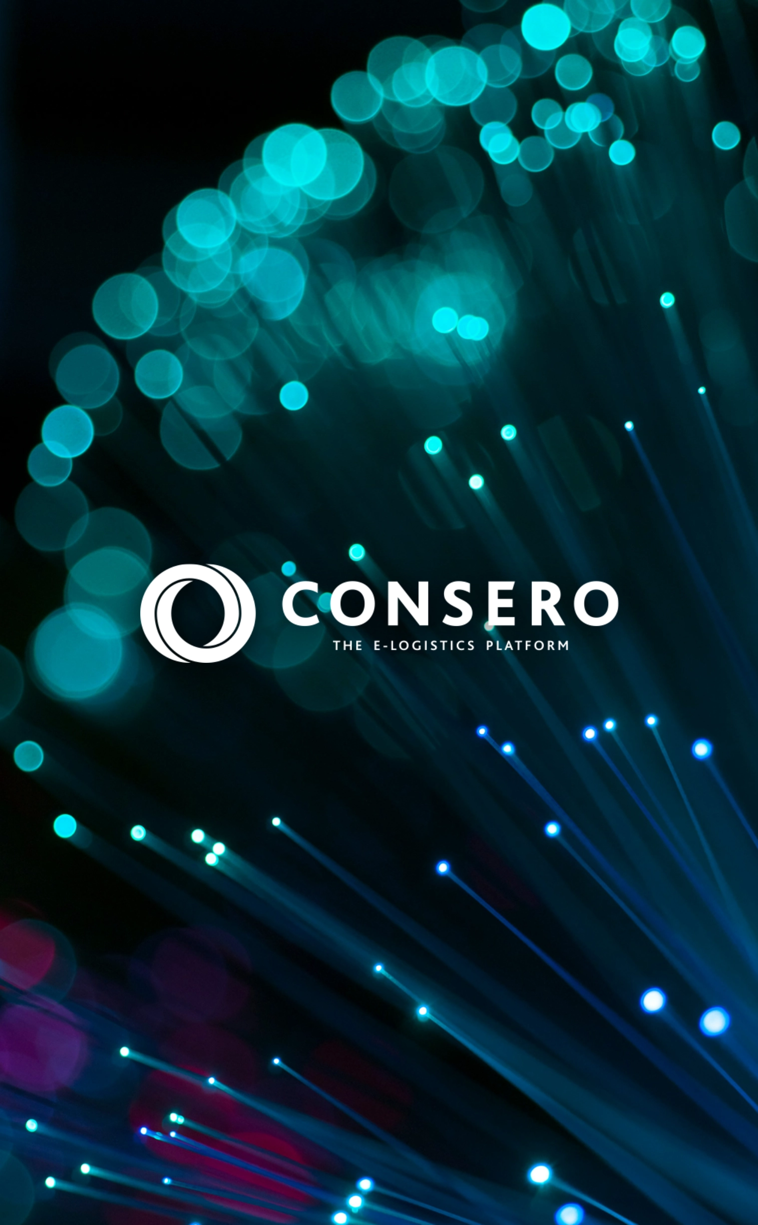 A dark background features bright teal and blue fiber optic lights with bokeh effects, prominently displaying the white 'CONSERO - THE E-LOGISTICS PLATFORM' logo in the center.