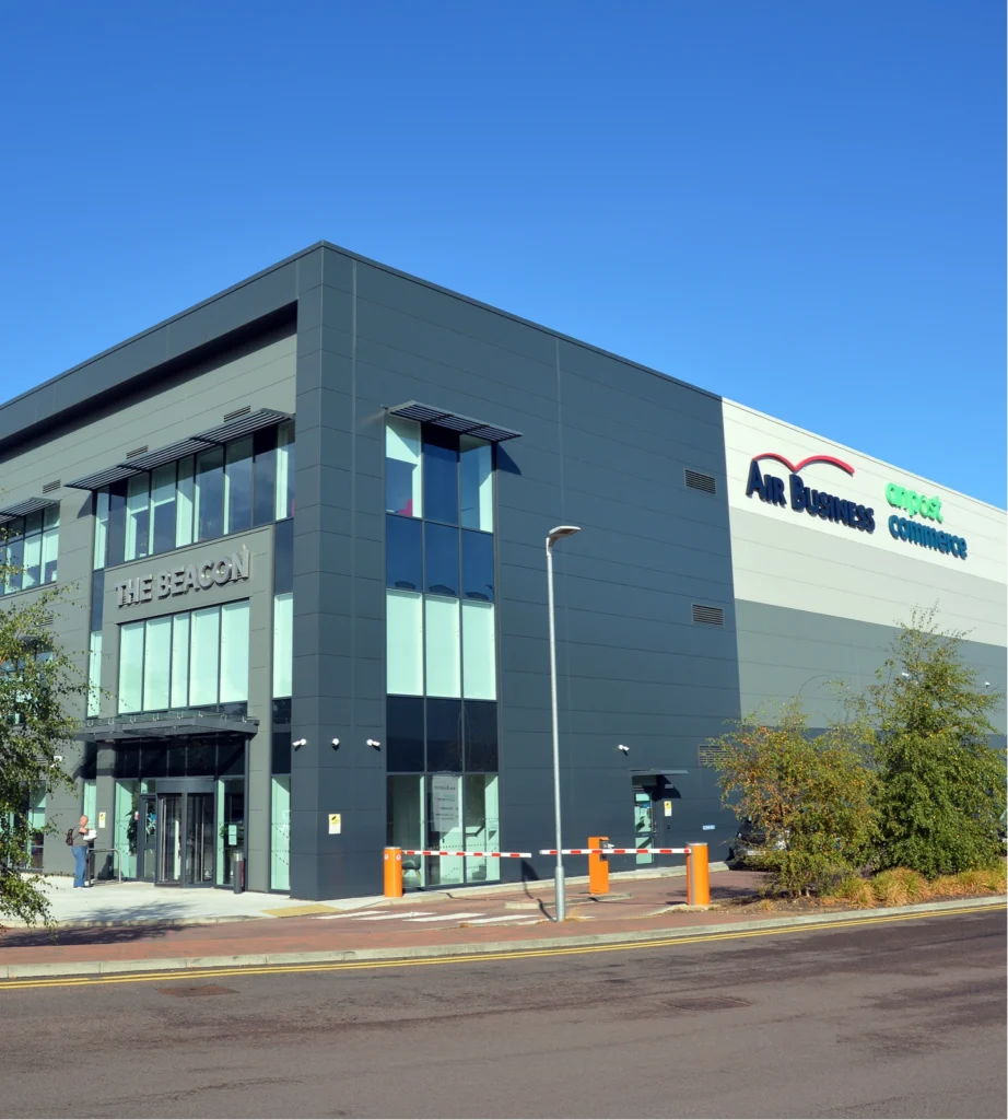 Exterior view of Air Business headquarters at The Beacon building on a sunny day